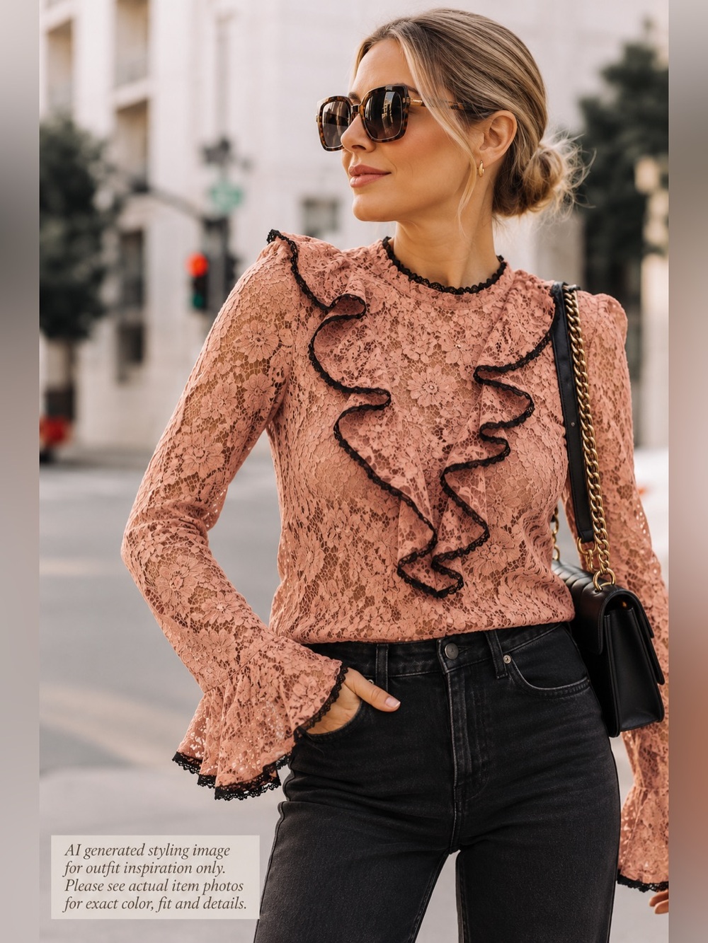 ALEXIS Addie Designer Lace Ruffle Bell Sleeve Blouse S